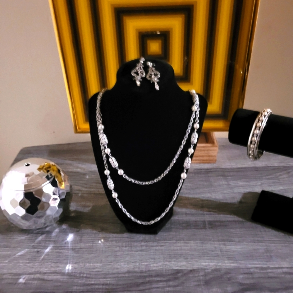 Silver tone and pearl station necklace, pearl bracelet and marcasite earrings